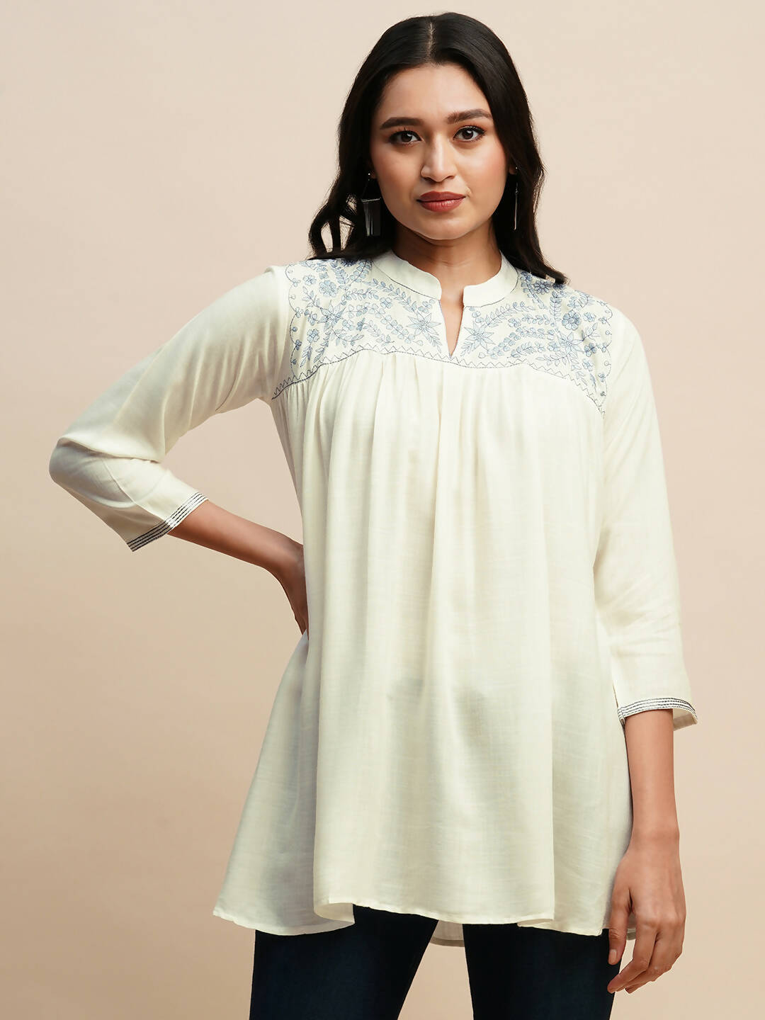 White Rayon Embroidered Top - Tarini - Swadesiicart