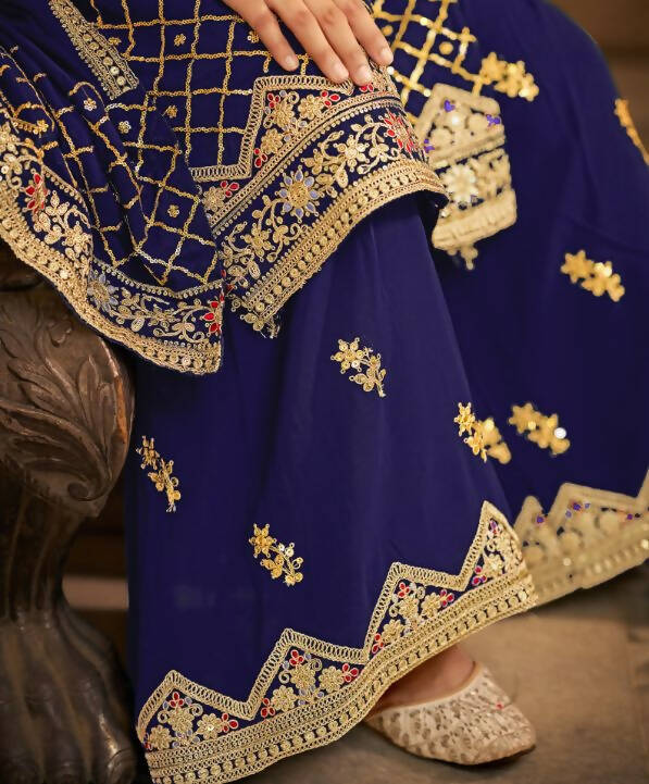 Blue Heavy Chinon Semi Stitched Kurta with Bottom & Dupatta - Dhvani