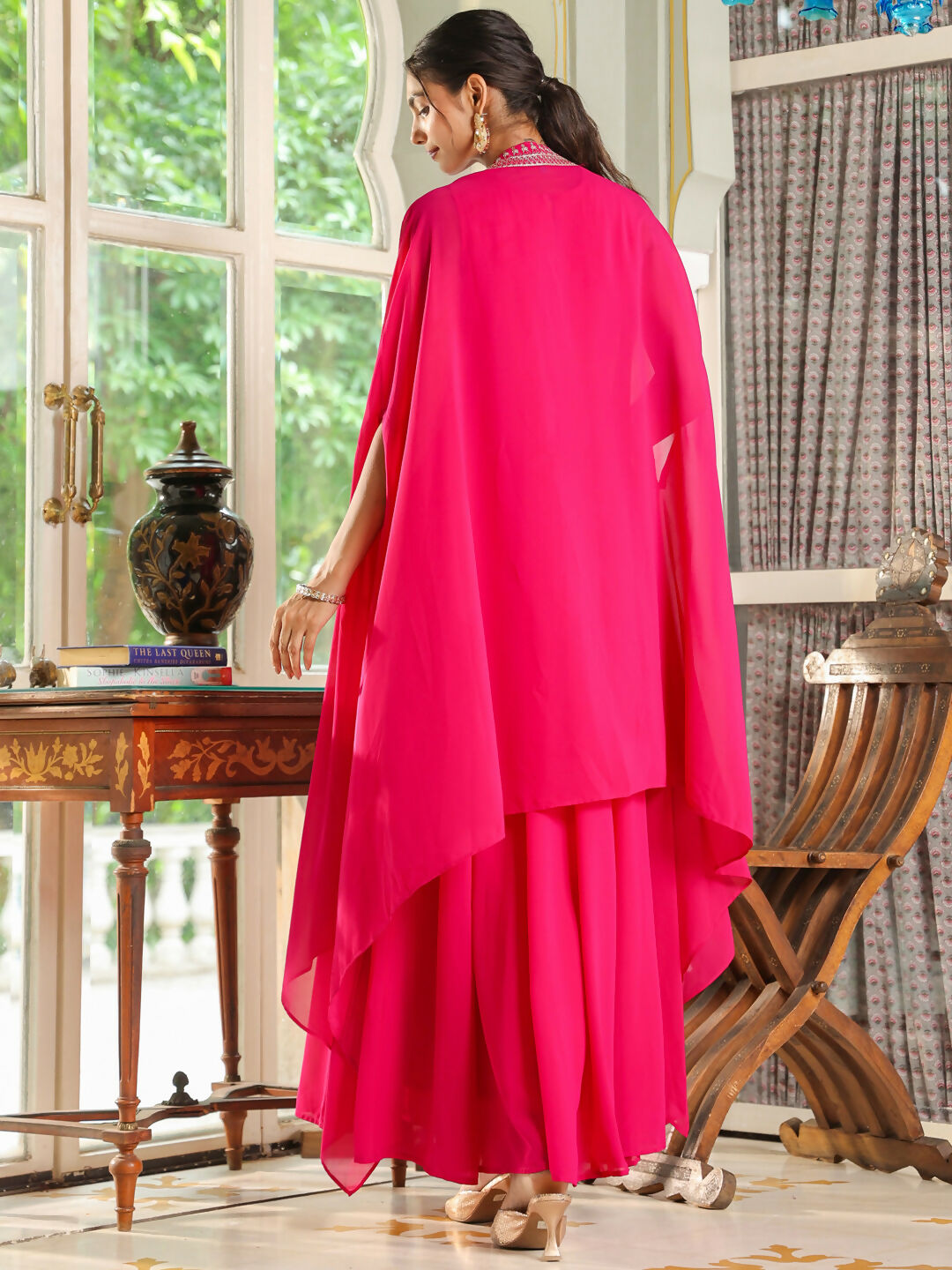 Janasya Pink Georgette Embroidered Dress & Cape | Swadesiicart