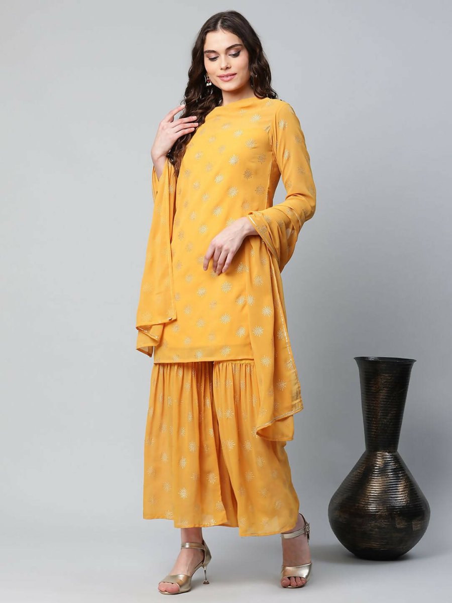 Ahalyaa Womens Mustard Georgette Gold Foil Printed Kurta Sharara Set With Dupatta | Swadesiicart