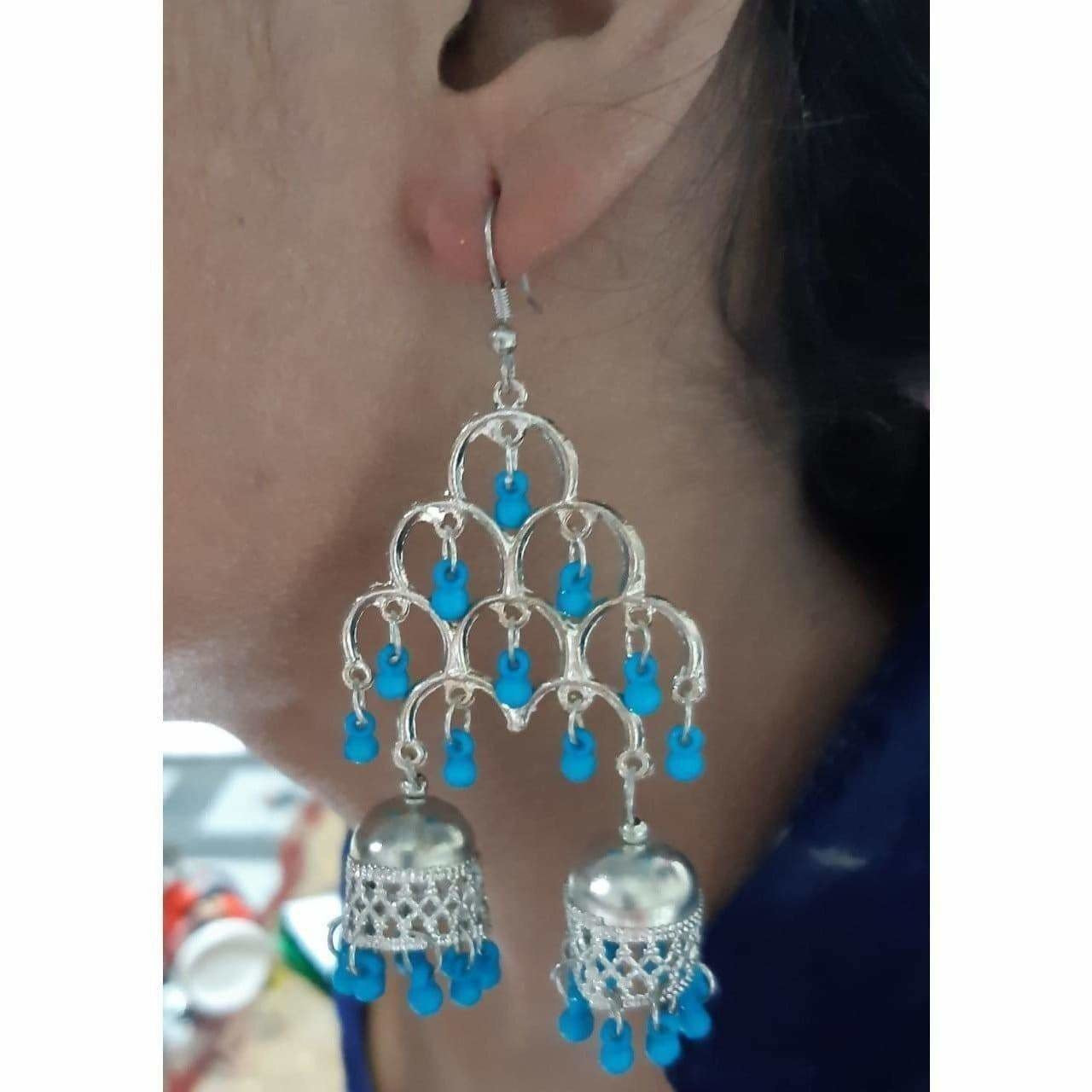 MS Fashion India Silver Oxidized Fashion Traditional Double Jhumka Long Blue Pearls Earrings | Swadesiicart