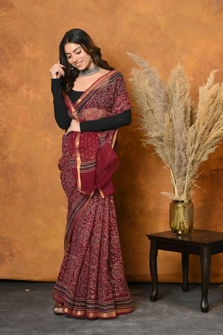 Very Much Indian Pure Kota Cotton Handblock Printed Saree - Red | Swadesiicart