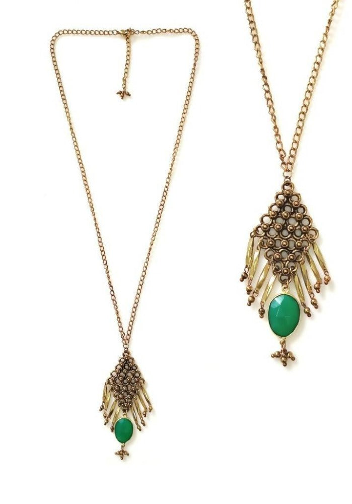Bling Accessories Antique Brass Finish Metal Long Necklace with Emerald Green Onyx Natural Stone | Swadesiicart