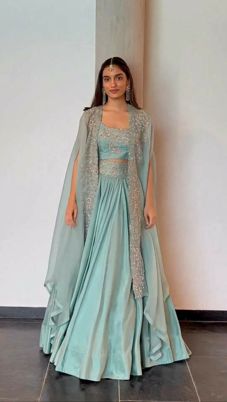 Jyoti Fashion Women's Sky Blue Chinon Sequins with Thread Embroidered Designer Lehenga Choli with Shrug Set | Swadesiicart
