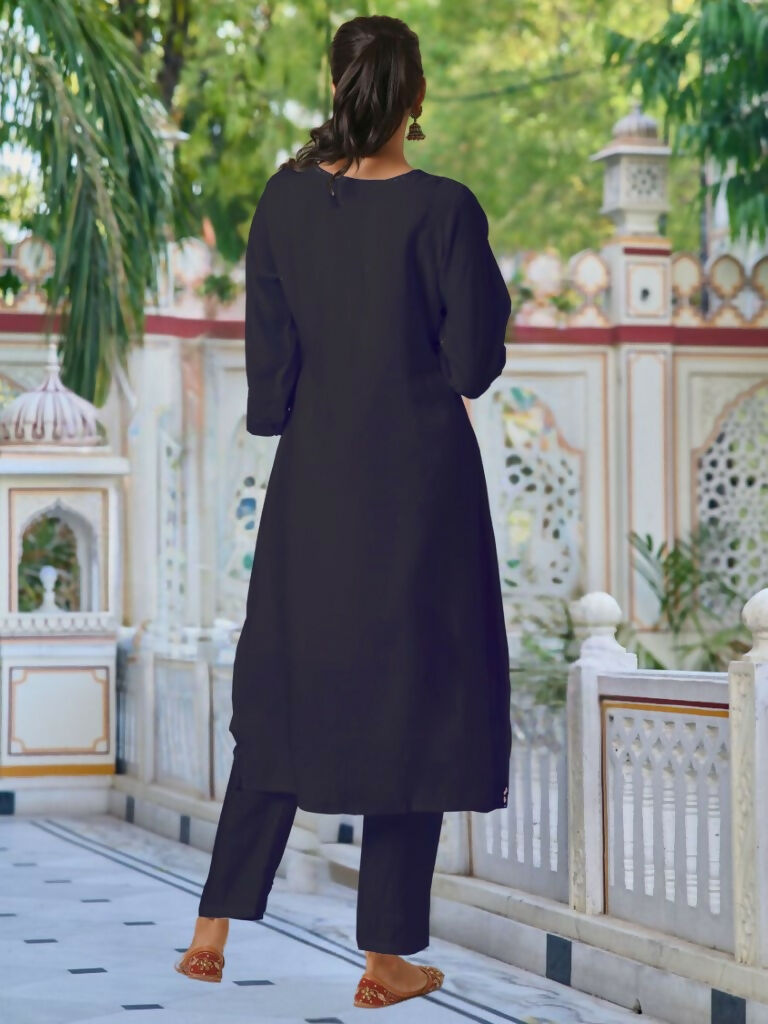 Partywear Designer Chanderi Black Stitched Suit With Dupatta - Tanisha | Swadesiicart