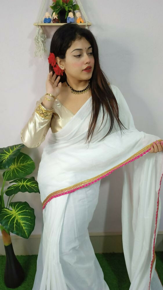Exclusive Collection Beautiful Khadi Cotton Handloom Saree With Beautiful Zari Border - White - Swadesiicart