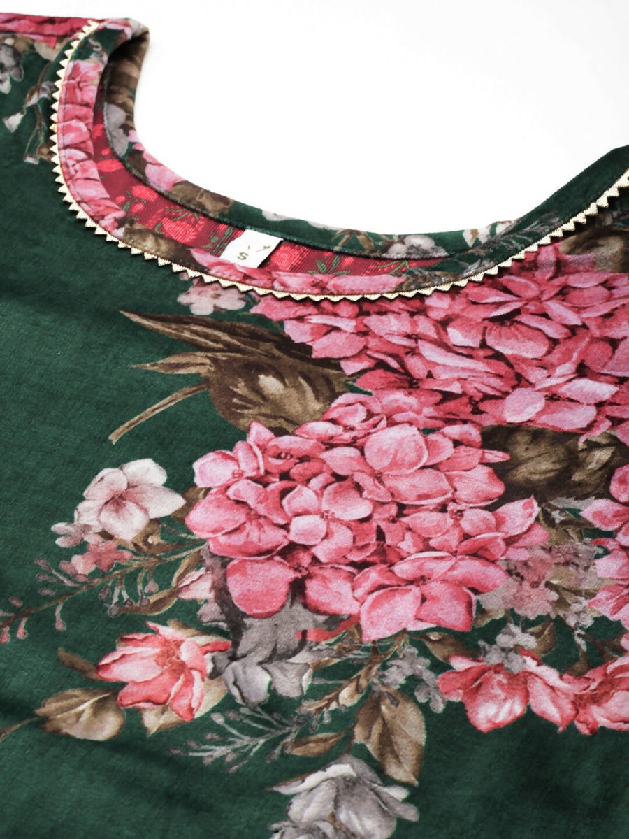 Ahalyaa Women Floral Printed Velvet Tunic with Palazzos - Green Color | Swadesiicart