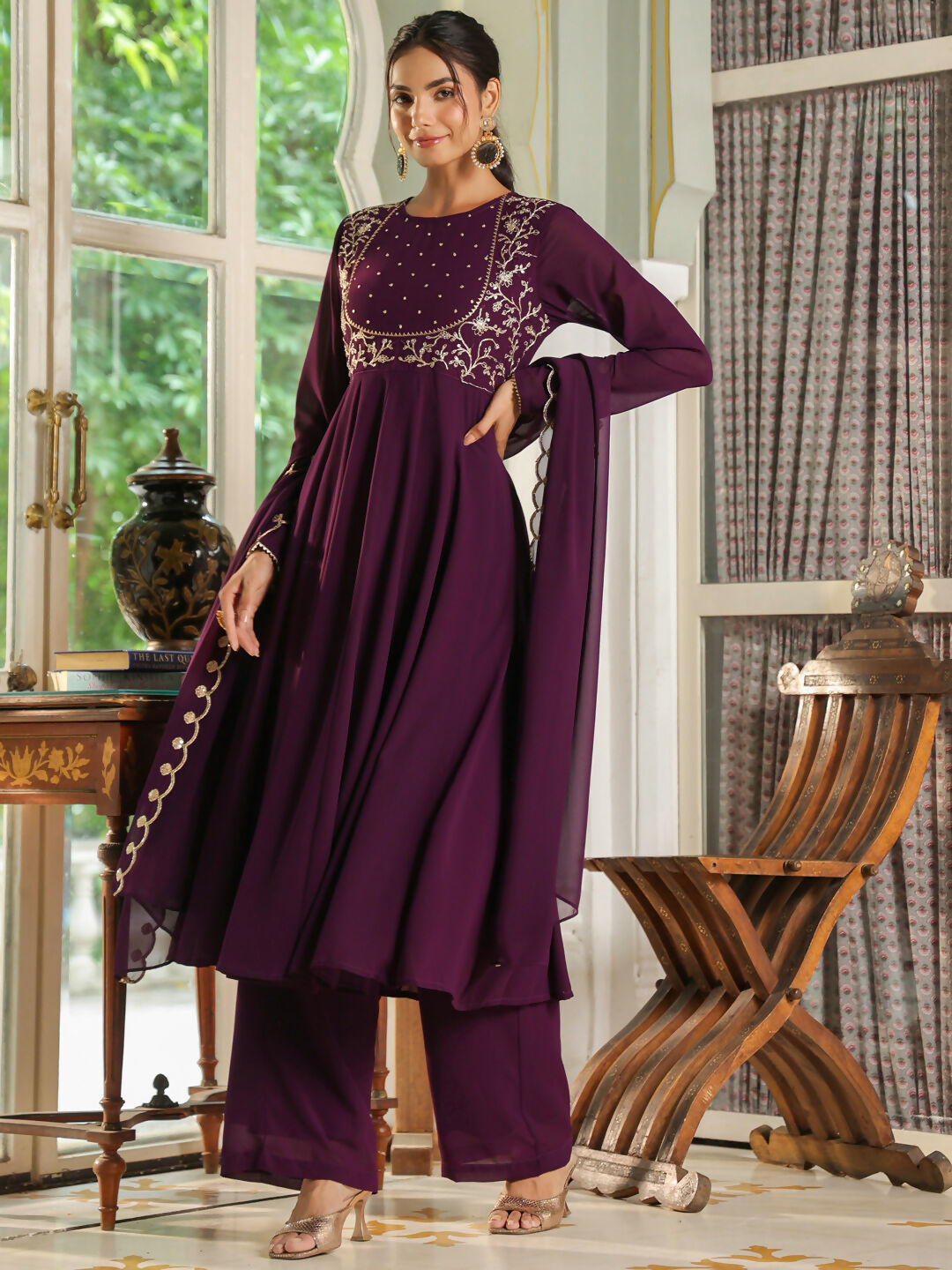 Janasya Purple Georgette Embroidered Kurta,Bottom & Dupatta | Swadesiicart