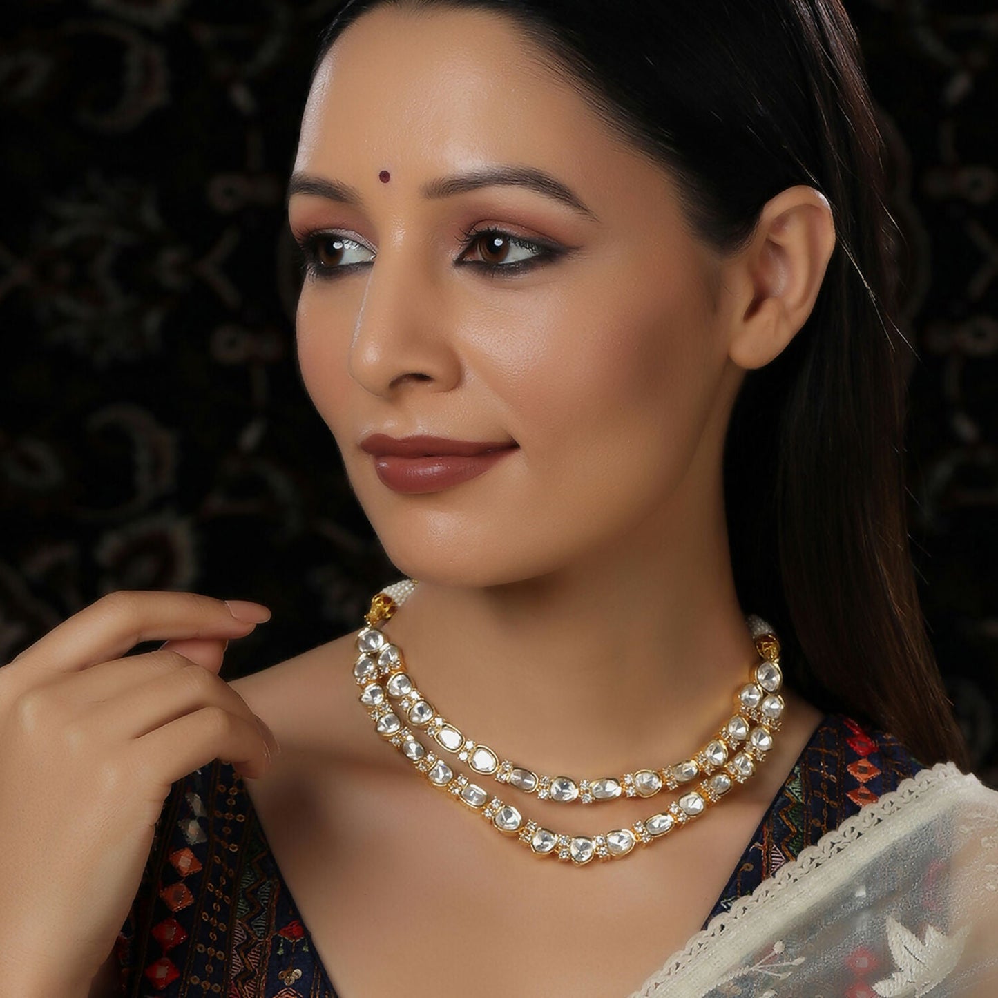 Double Layered Kundan and American Diamond Neckpiece (Gold) - Ruby Raang | Swadesiicart