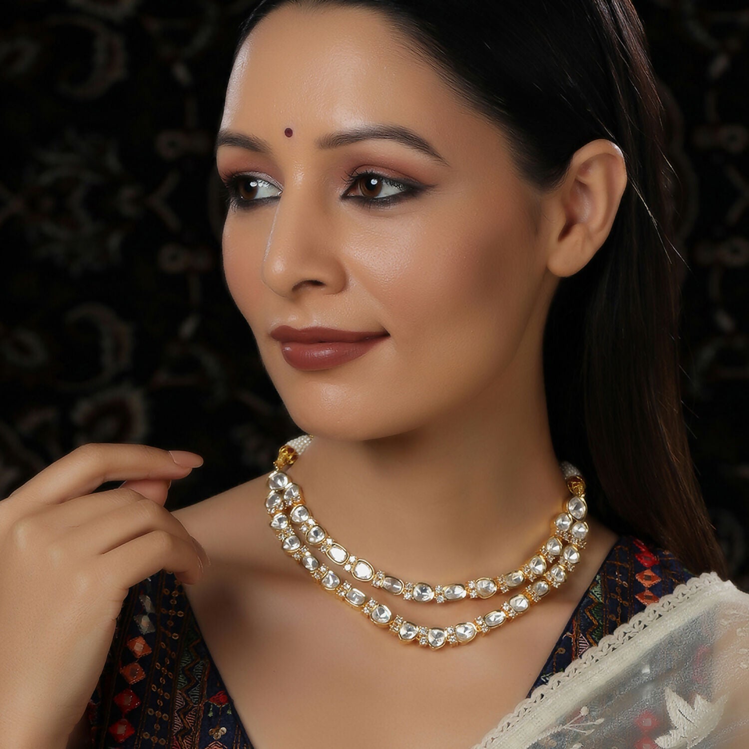 Double Layered Kundan and American Diamond Neckpiece (Gold) - Ruby Raang | Swadesiicart