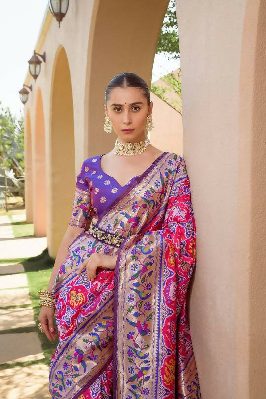 Vishnu Weaves Women's Rani Pink Paithani Silk Zari Woven Saree with Unstitched Blouse - Swadesiicart