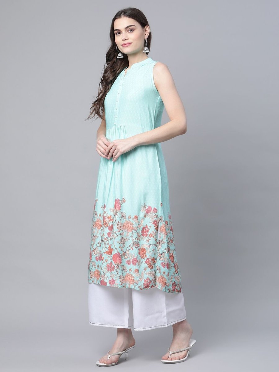Ahalyaa Women's Sky Blue Rayon Printed Kurta Palazzo Set | Swadesiicart