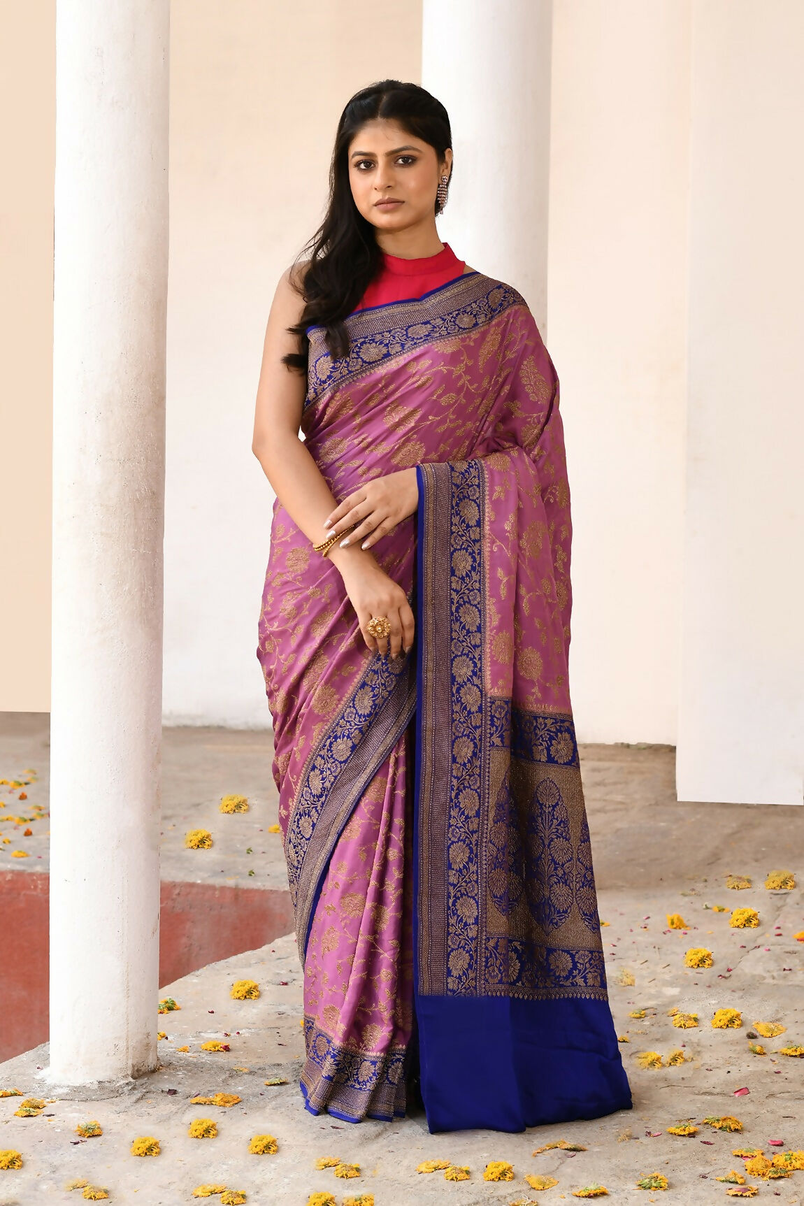 Joban Fashion Nude Pink Crepe Chiffon Pure Handloom Banarasi Silk Saree | Swadesiicart