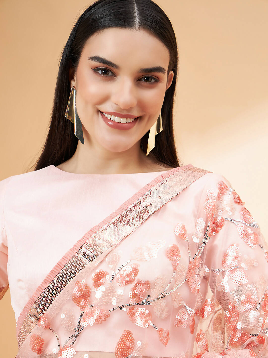 Peach Lycra Sequin Embroidery And Frills Saree - Norita Hit Design - Swadesiicart
