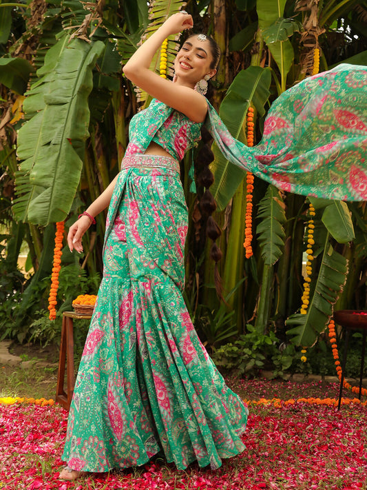 Janasya Green Georgette Floral Saree | Swadesiicart