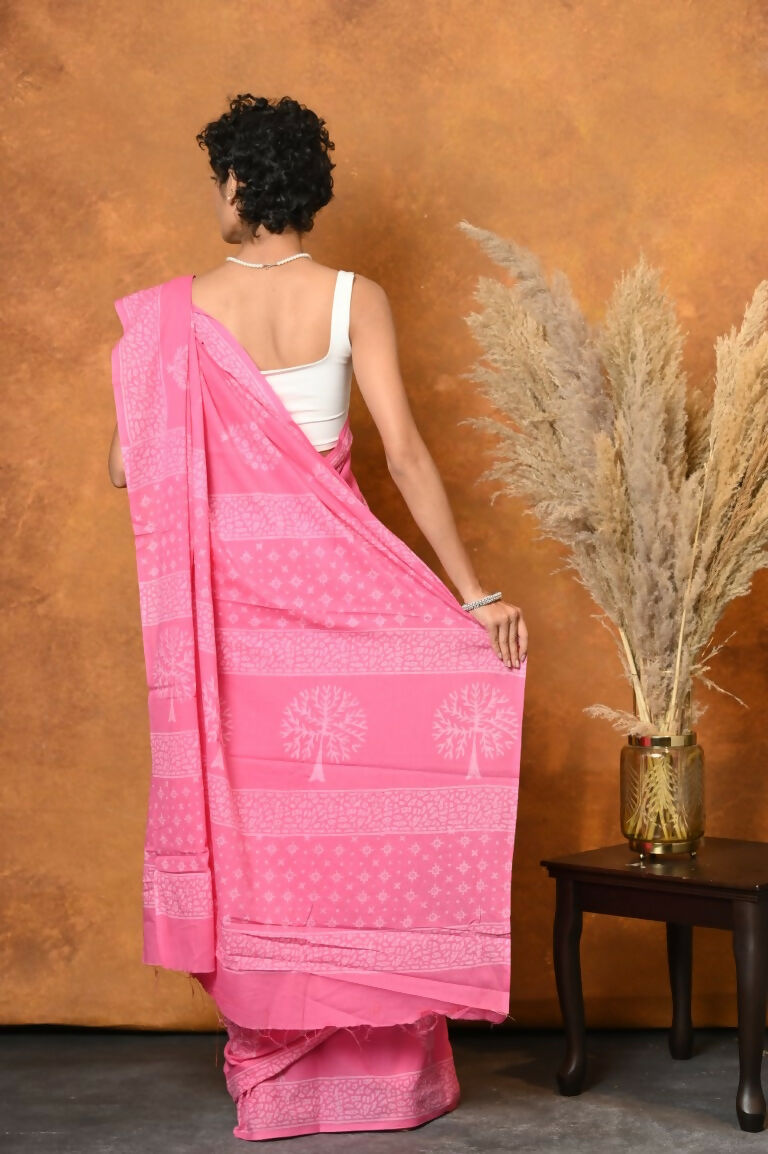 Very Much Indian Handblock Printed Cotton Saree With Natural Dyes - Pink | Swadesiicart