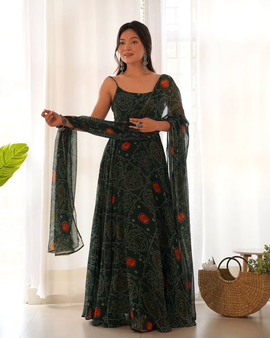Joban Fashion Bottle Green Kurta Set Chiffon Sequin Embroidery Work - Swadesiicart