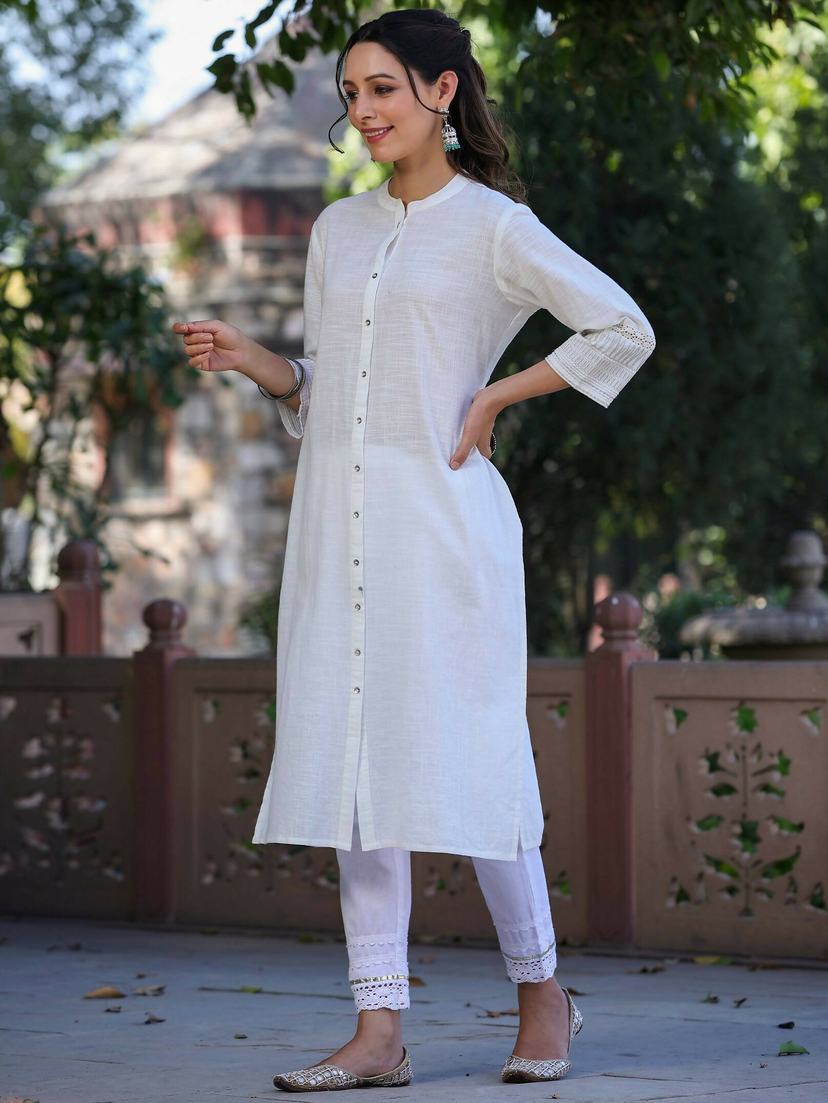 Juniper Women's White Cotton Slub Embroidered Straight Kurta | Swadesiicart