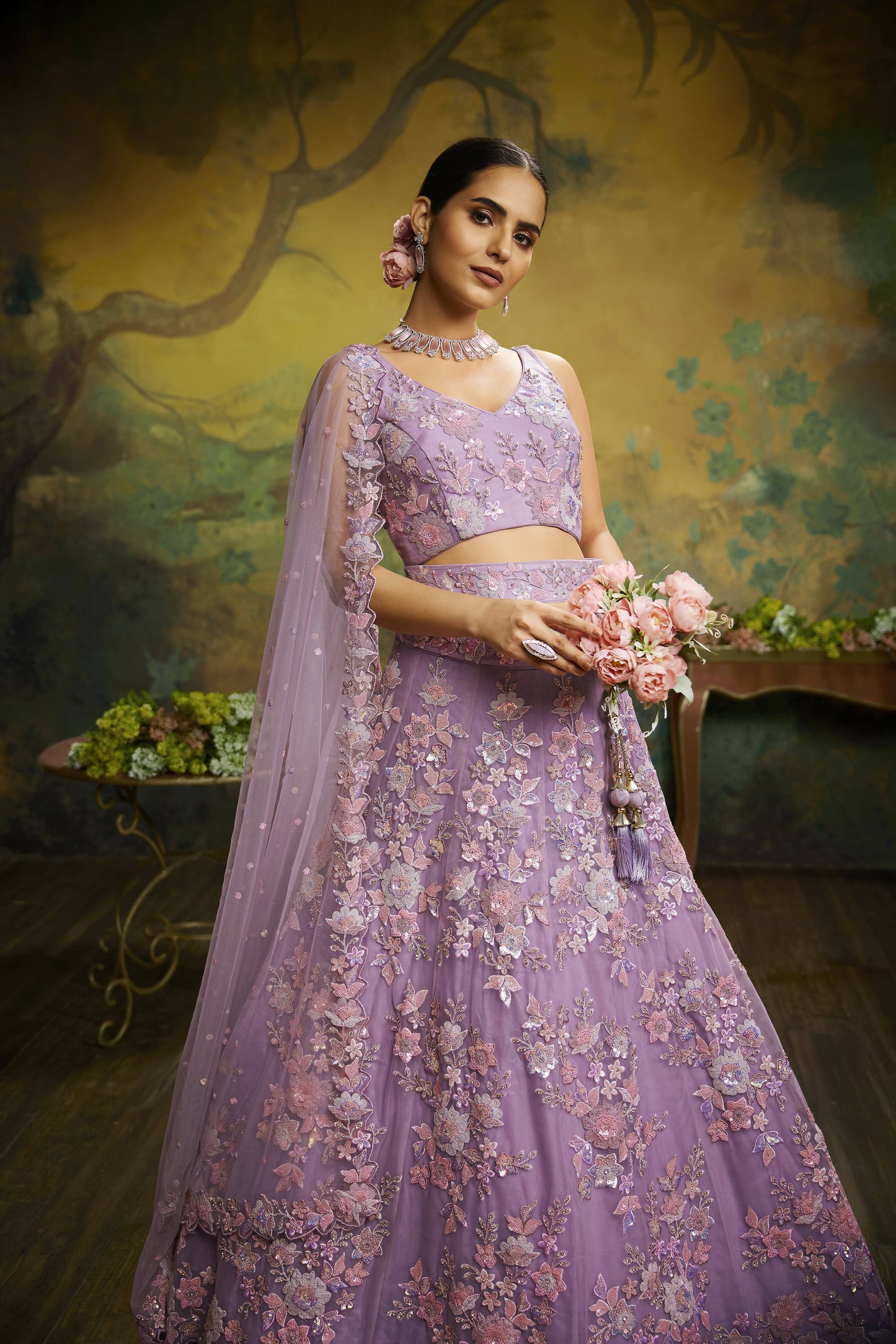 House of Panchhi Mauve Net Sequins with heavy Zarkan embroidery Lehenga choli & Dupatta | Swadesiicart