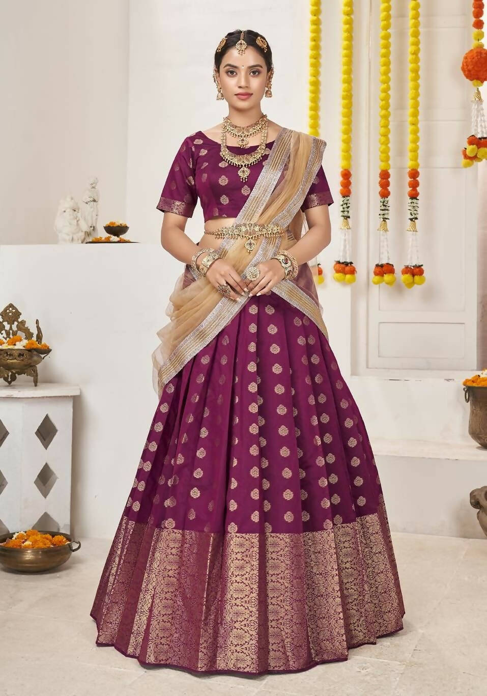 DEIANA'S Beautiful Jackquard Weaving Lehengha Choli - Wine | Swadesiicart