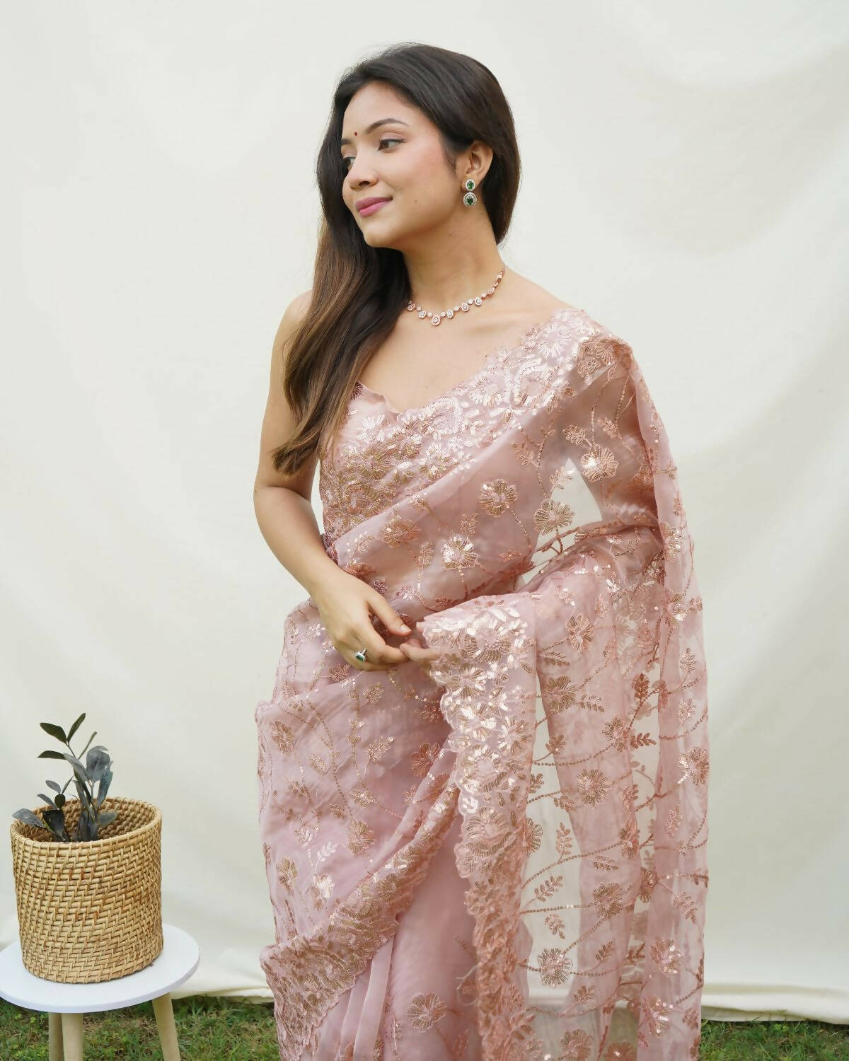 Vamsee Brown Organza Saree - Swadesiicart