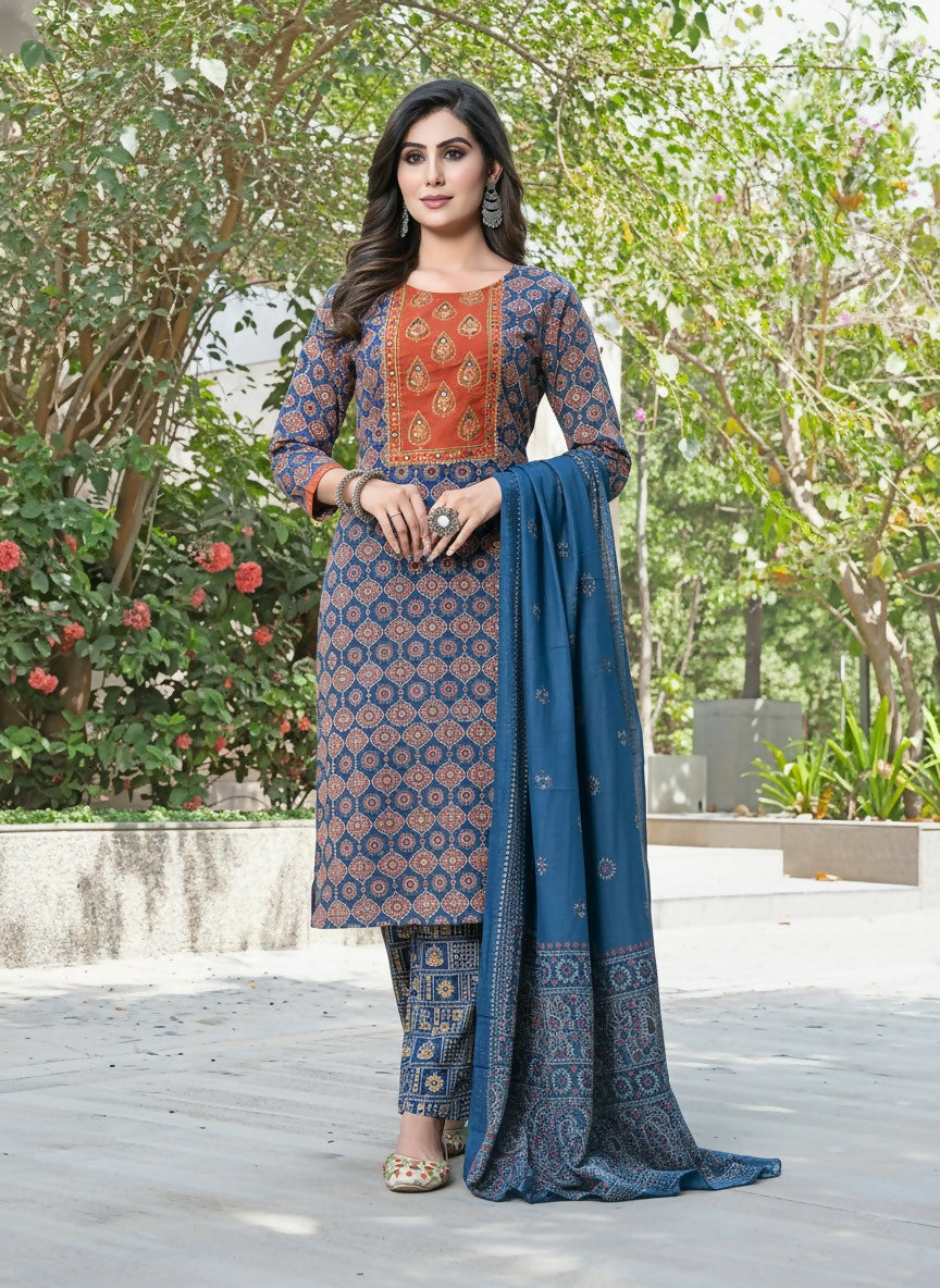 BulBul Aaliya Classic Cotton Navy Kurta Set with Dupatta - Swadesiicart