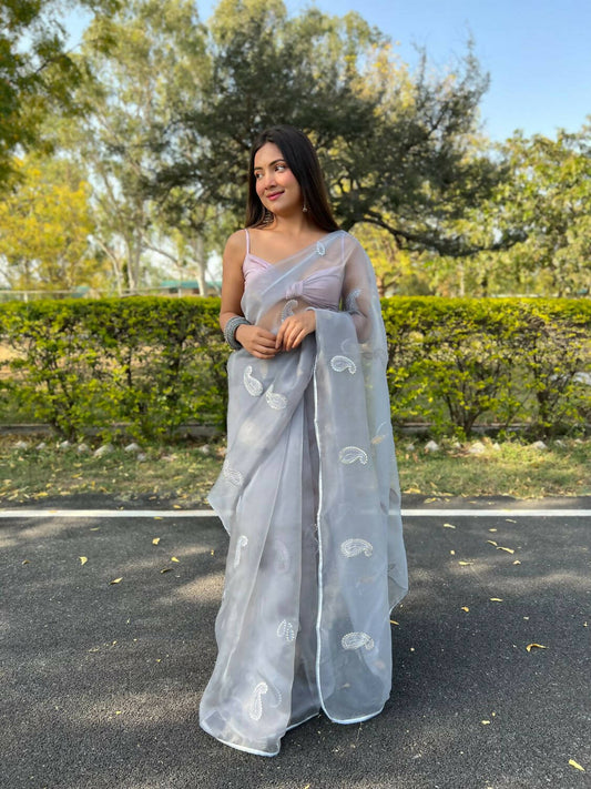 Vamsee Grey Organza Saree - Swadesiicart