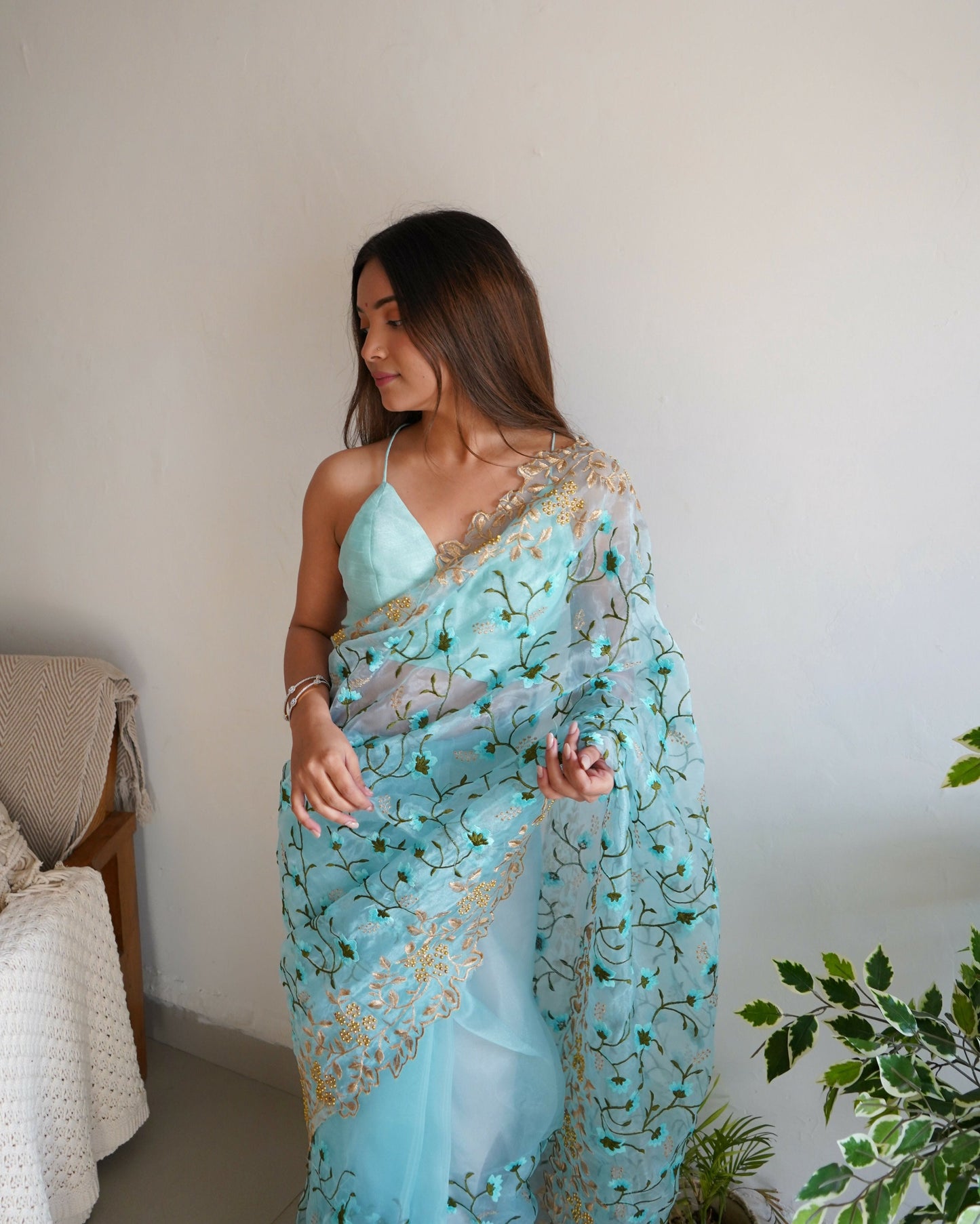 Vamsee Pushpa Sky Organza Saree - Swadesiicart