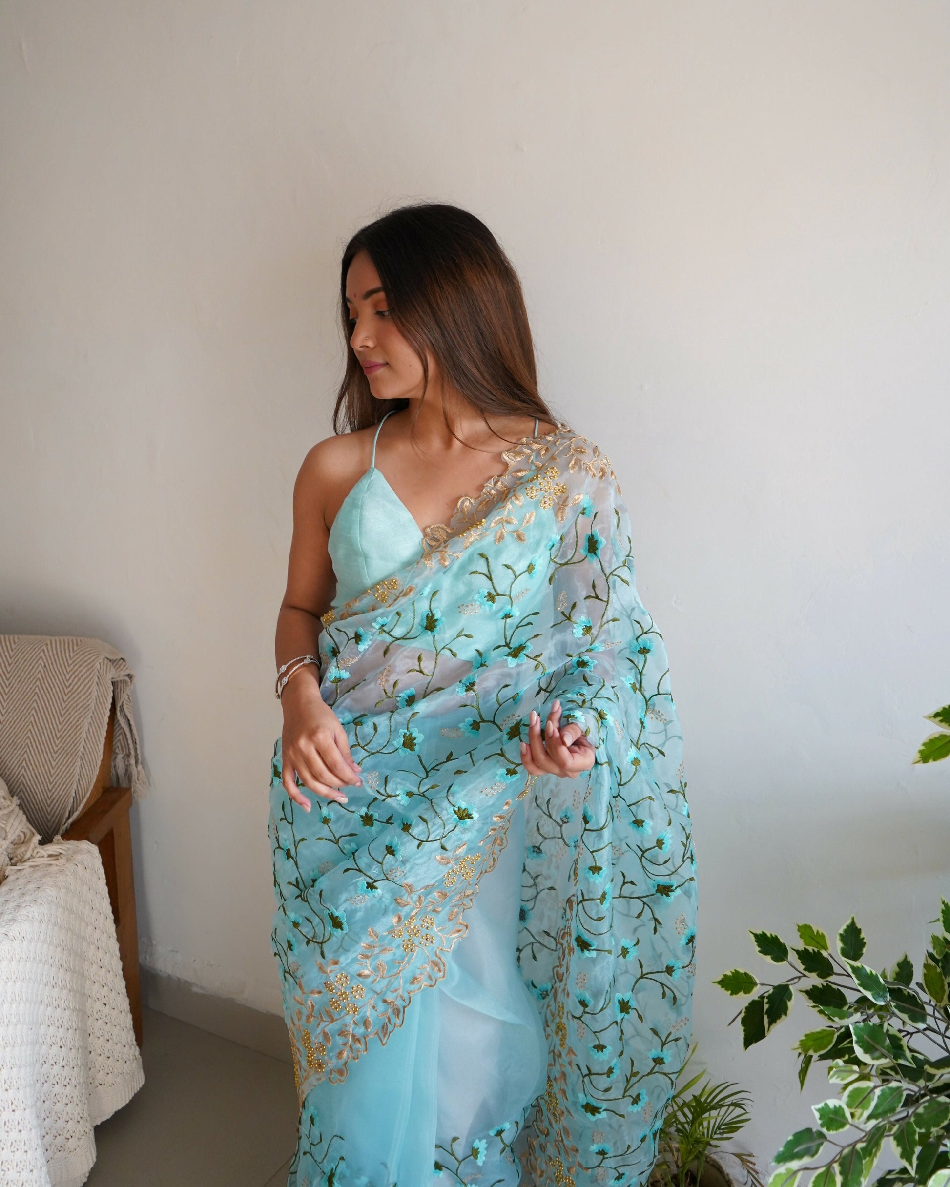 Vamsee Pushpa Sky Organza Saree - Swadesiicart