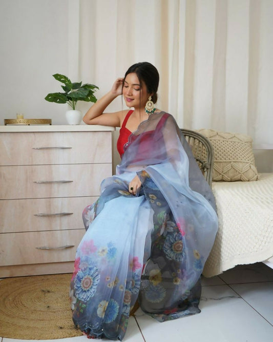Vamsee Rency Grey Organza Saree - Swadesiicart