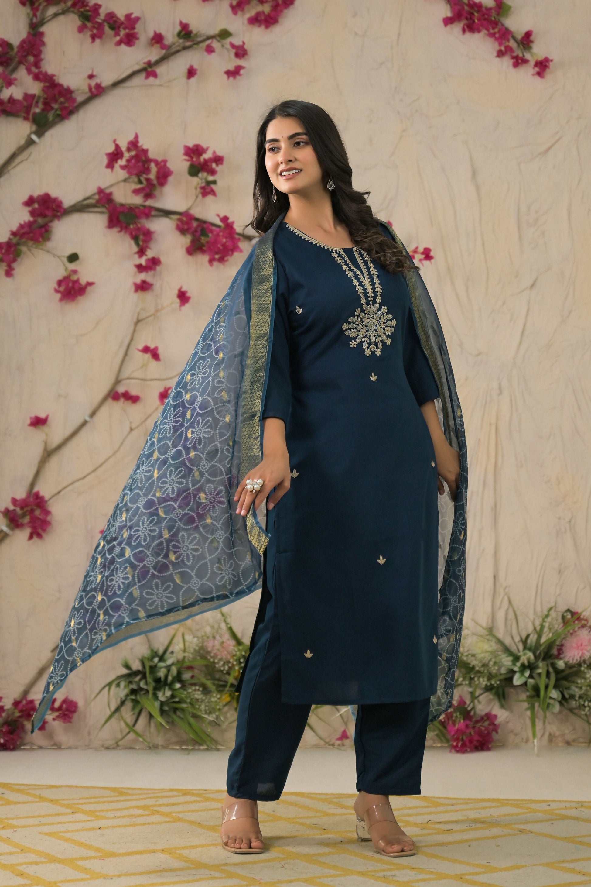 Ethnic Festive Wear Reyon Petrol Stitched Suit With Dupatta - Tanisha | Swadesiicart