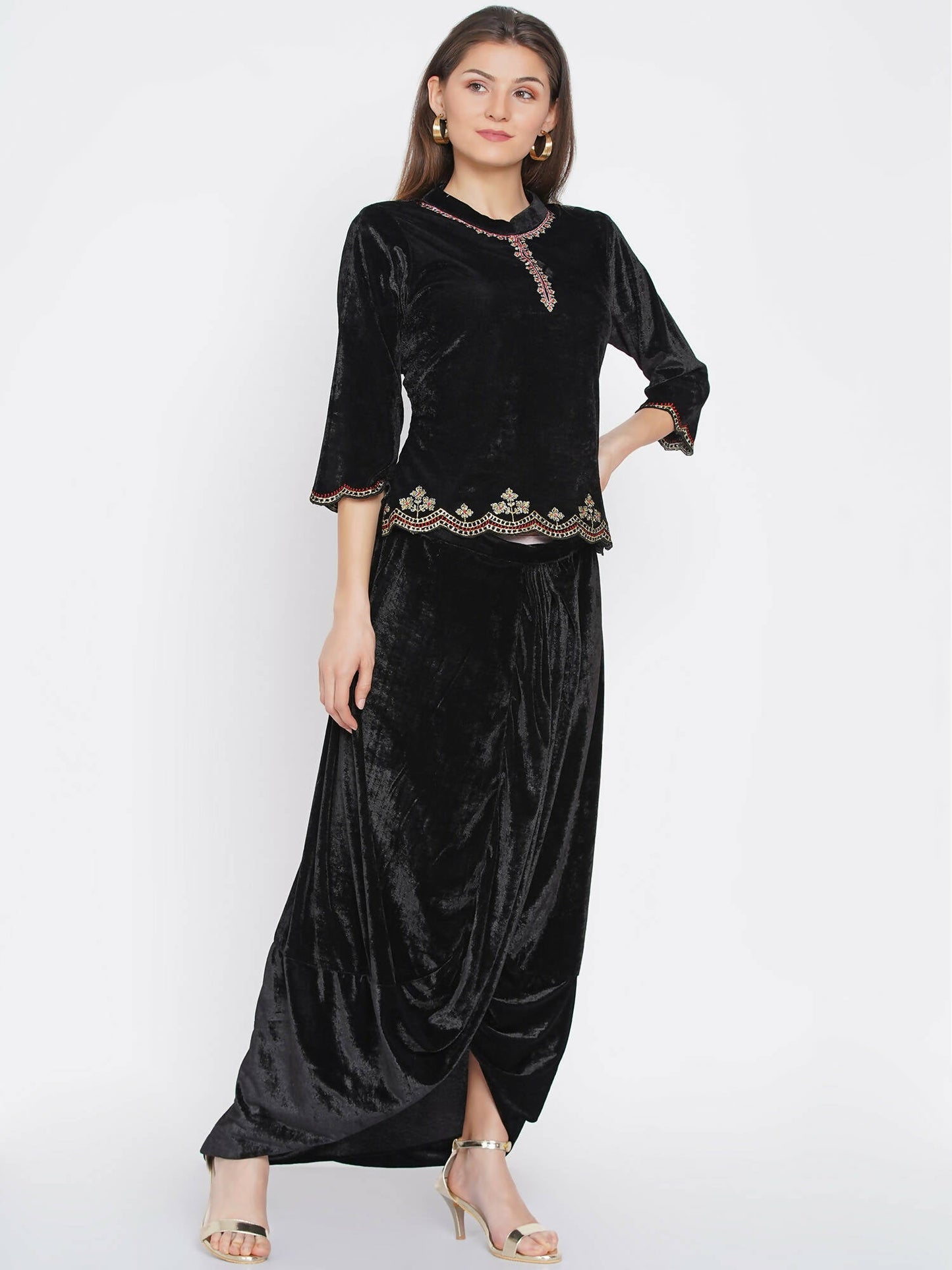 Women Republic Black Velvet Embroiderd Koti With Dhoti Pants | Swadesiicart