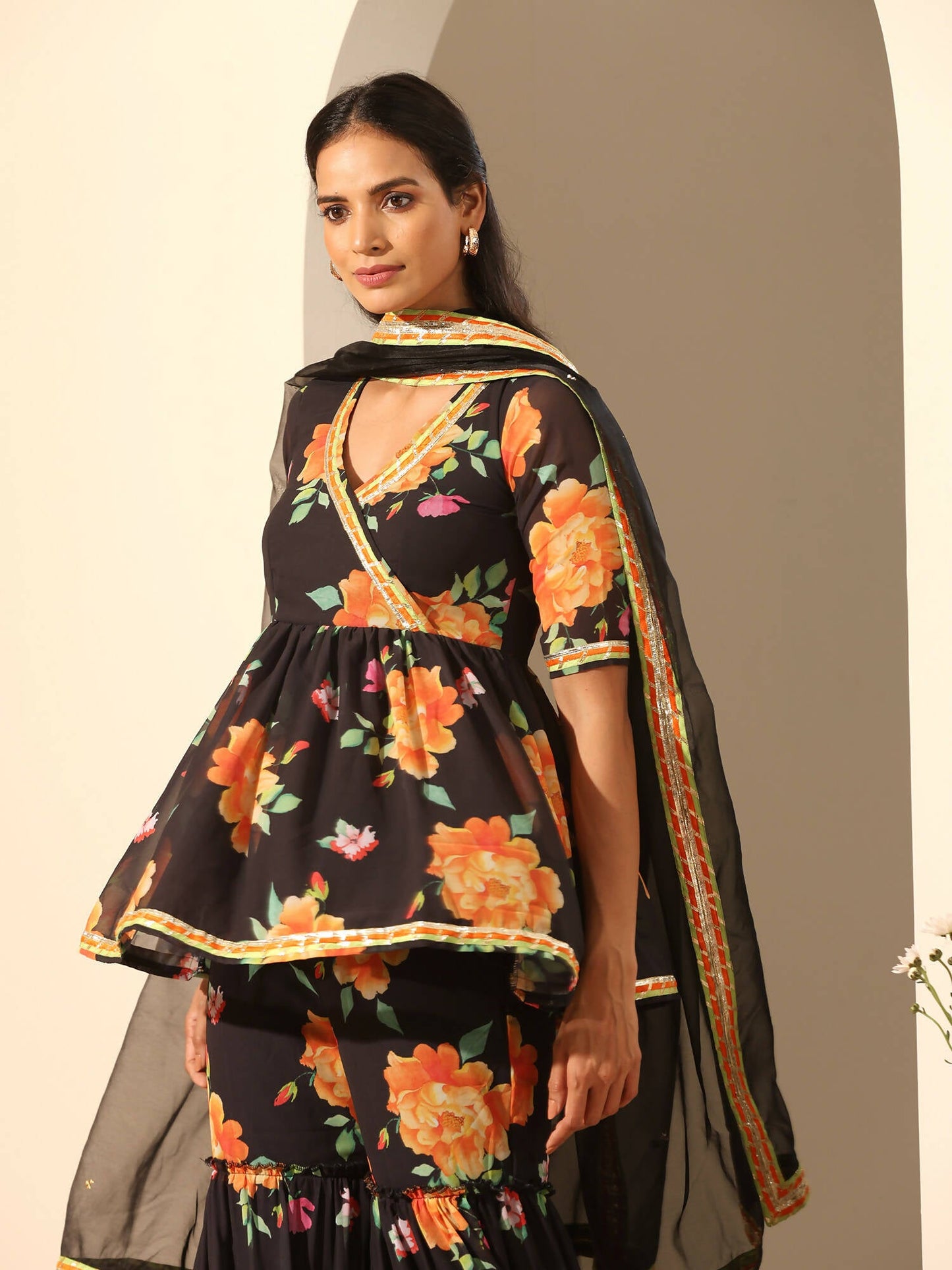 Pomcha Jaipur Black Gul Narangi Sharara Set | Swadesiicart
