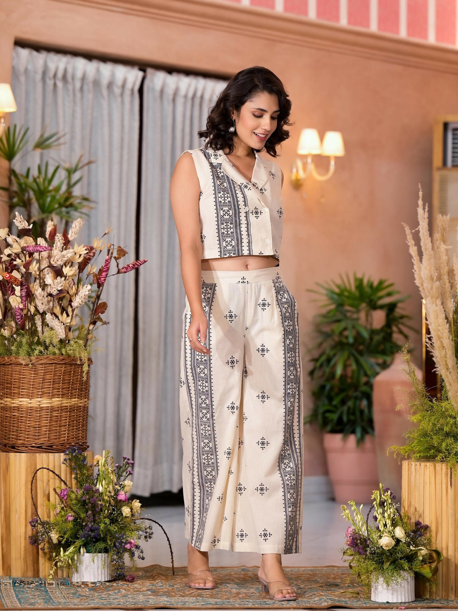 Juniper Women's Natural Ethnic Motif Printed Cotton Top & Palazzo Co-Ord Set With Button Closure - Swadesiicart