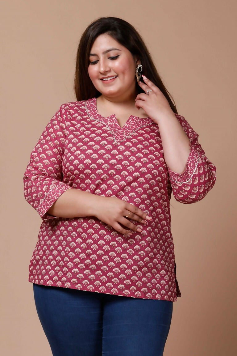 Miravan Women's Plus Size Pink Floral Printed Cotton Kurti - Swadesiicart
