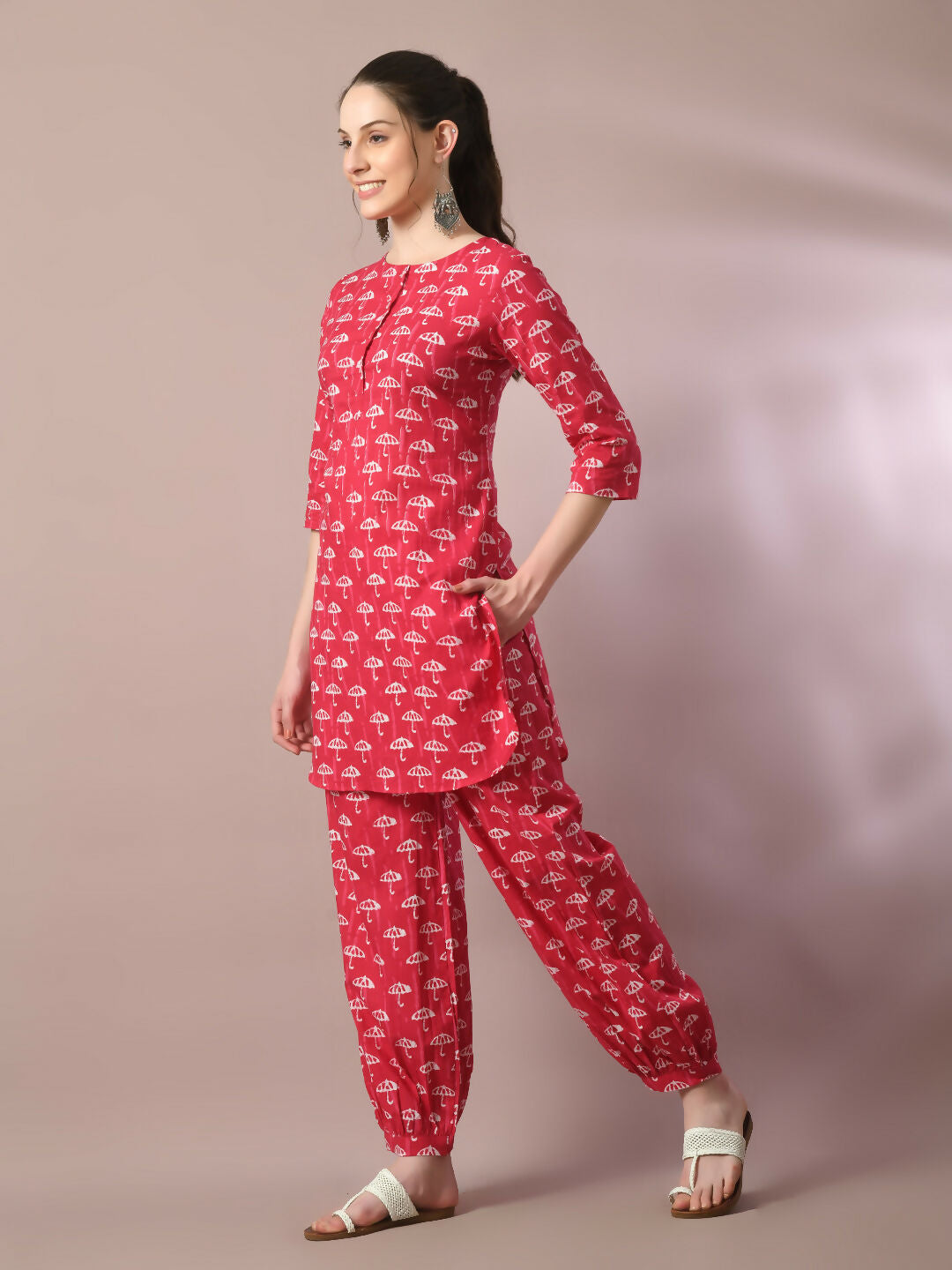 Myshka Women's Pink Printed Cotton Round Neck Party Tunic With Trousers Co-ord set - Swadesiicart