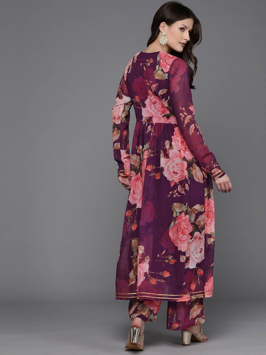 Ahalyaa Women Floral Printed Angrakha Kurta with Palazzos - Burgundy Color | Swadesiicart