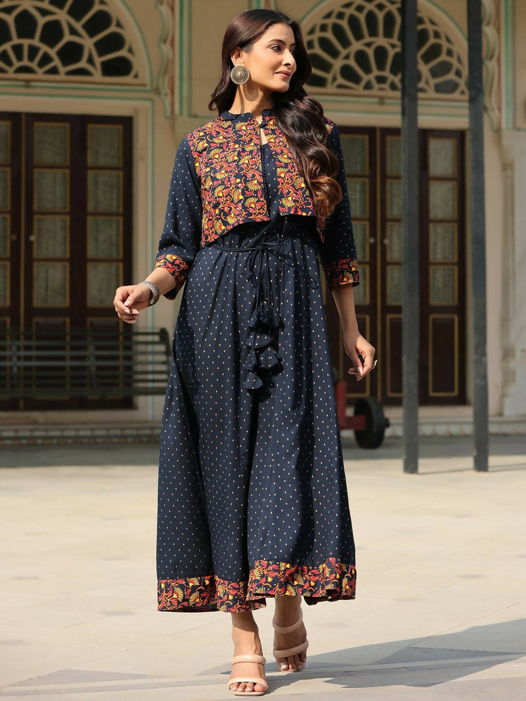 Juniper Women's Blue Rayon Festive Printed Flared Dress | Swadesiicart