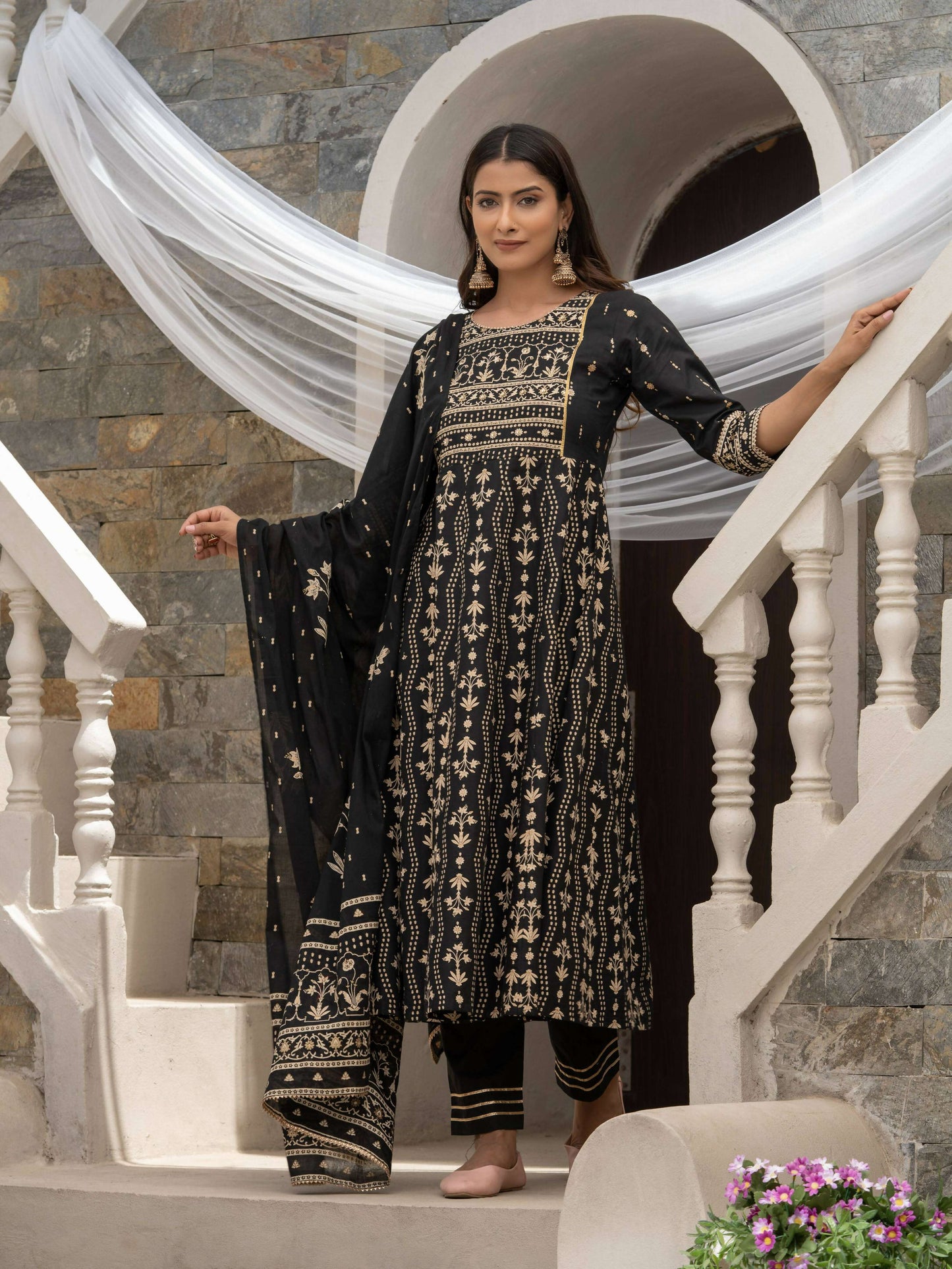 Black Cotton Cambric Printed with Sequins work Anarkali Kurta with Pant & Dupatta - Akashara
