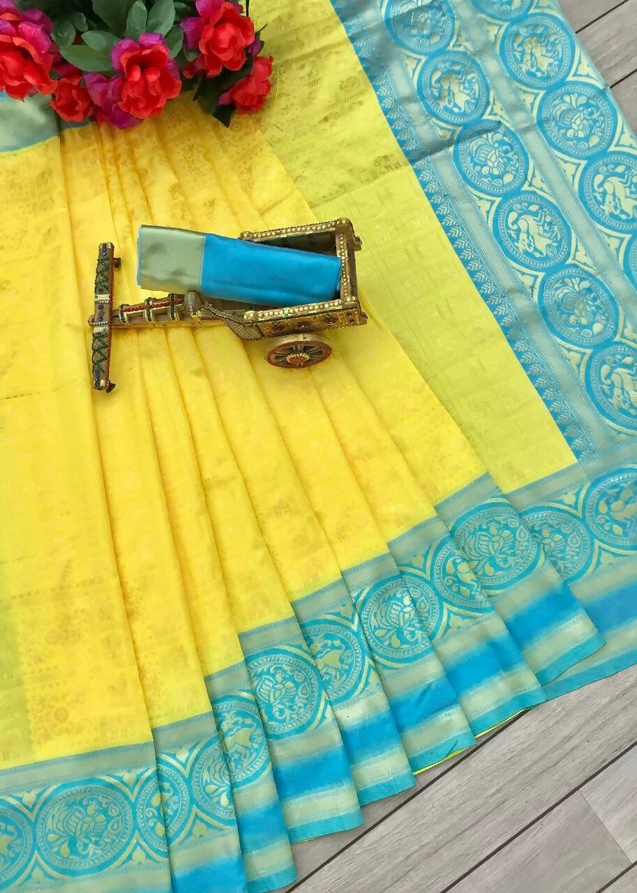 DEIANA'S Beautiful Designer Golden zari Soft Lichi Silk Saree - Yellow - Swadesiicart