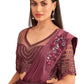 Wine Satin Embroidered Ready To Wear Saree With Unstitched Blouse Piece - Nandika | Swadesiicart