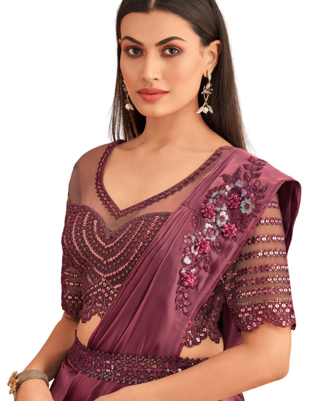 Wine Satin Embroidered Ready To Wear Saree With Unstitched Blouse Piece - Nandika | Swadesiicart