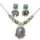 Terracotta Boho Style Mini Necklace Set With Jhumkas-Green