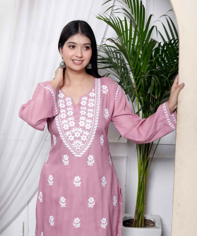 Miravan Women's Chikankari Embroidery Pink Straight Kurta & Palazzo Set | Swadesiicart