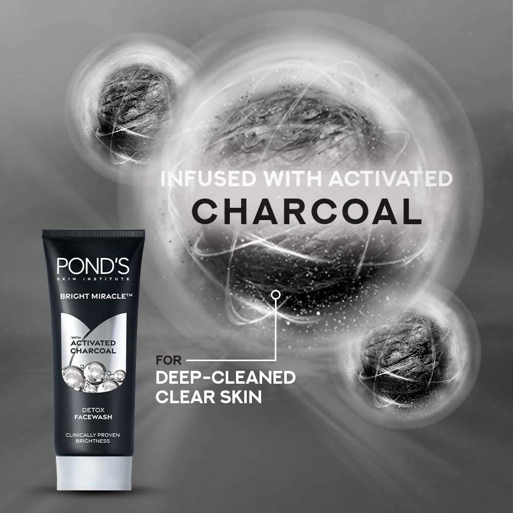 Ponds Bright Miracle Detox Facewash 10X Power of Activated Charcoal For Deep Cleaned Skin, Reveals Glow | Swadesiicart