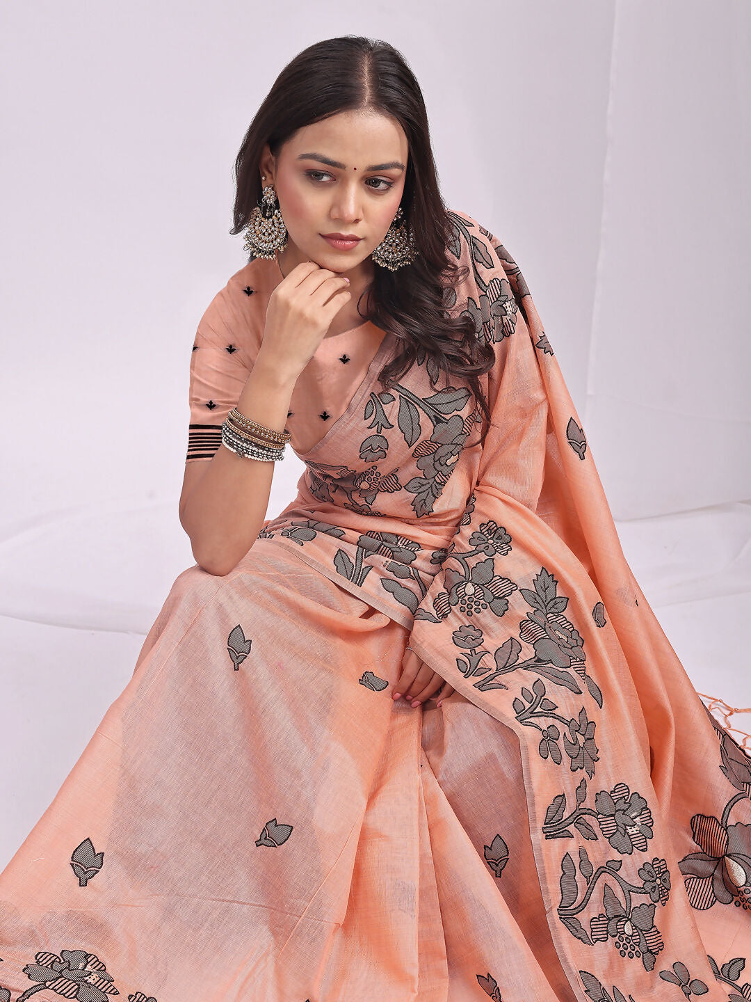 Shree Shyam Fashion Kashira Orange Linen Cotton Saree