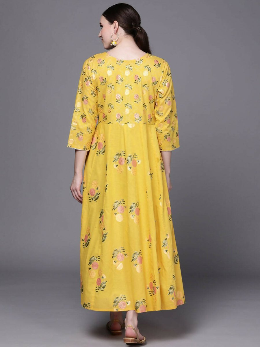Ahalyaa Women Yellow Floral Fit & Flare Maxi Ethnic Dress | Swadesiicart
