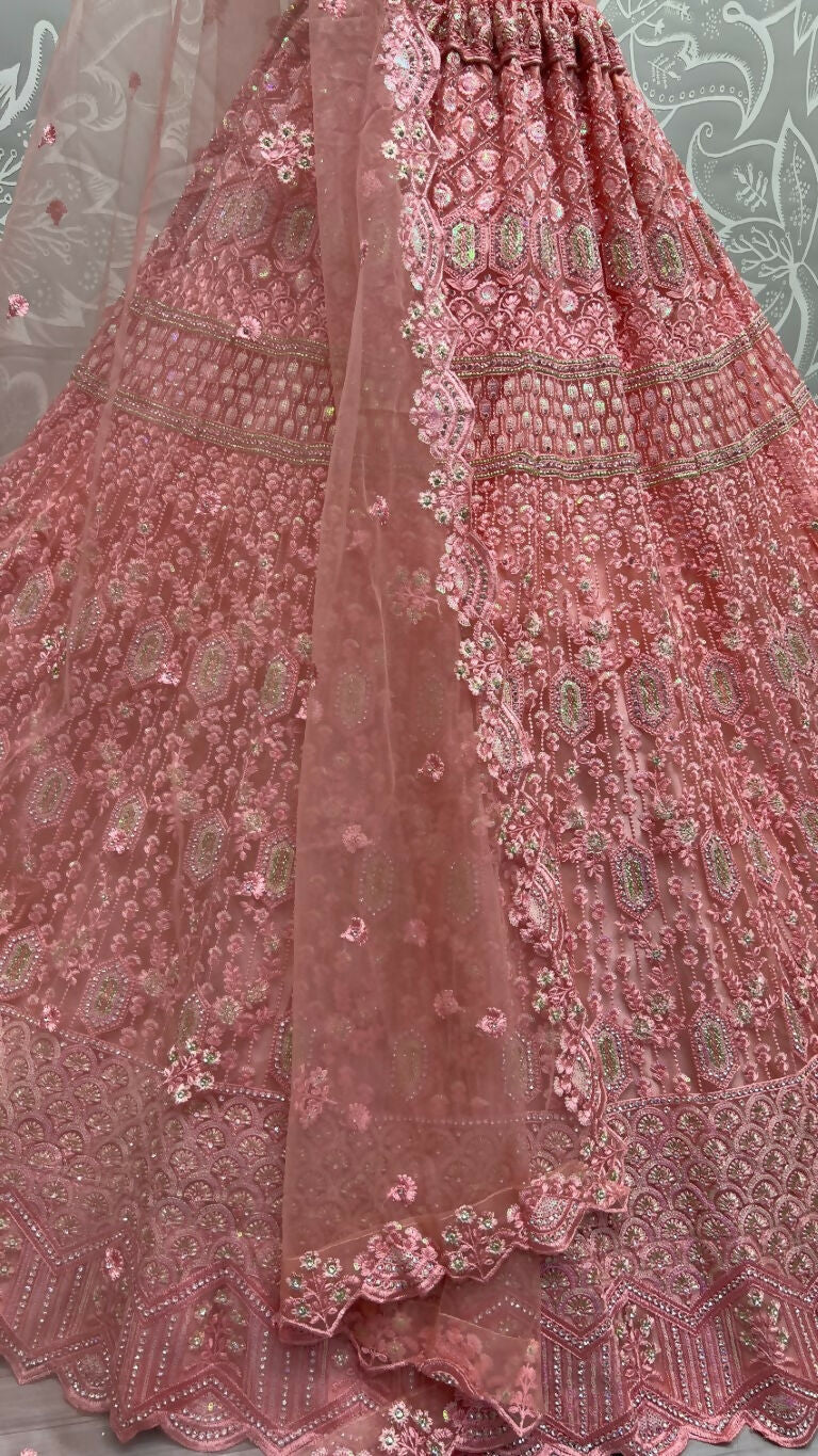 Jyoti Fashion Women's Pink Heavy Net Fancy Dori, Multi Thread, Rainbow Sequins and Diamond Work Wedding Lehenga Choli | Swadesiicart