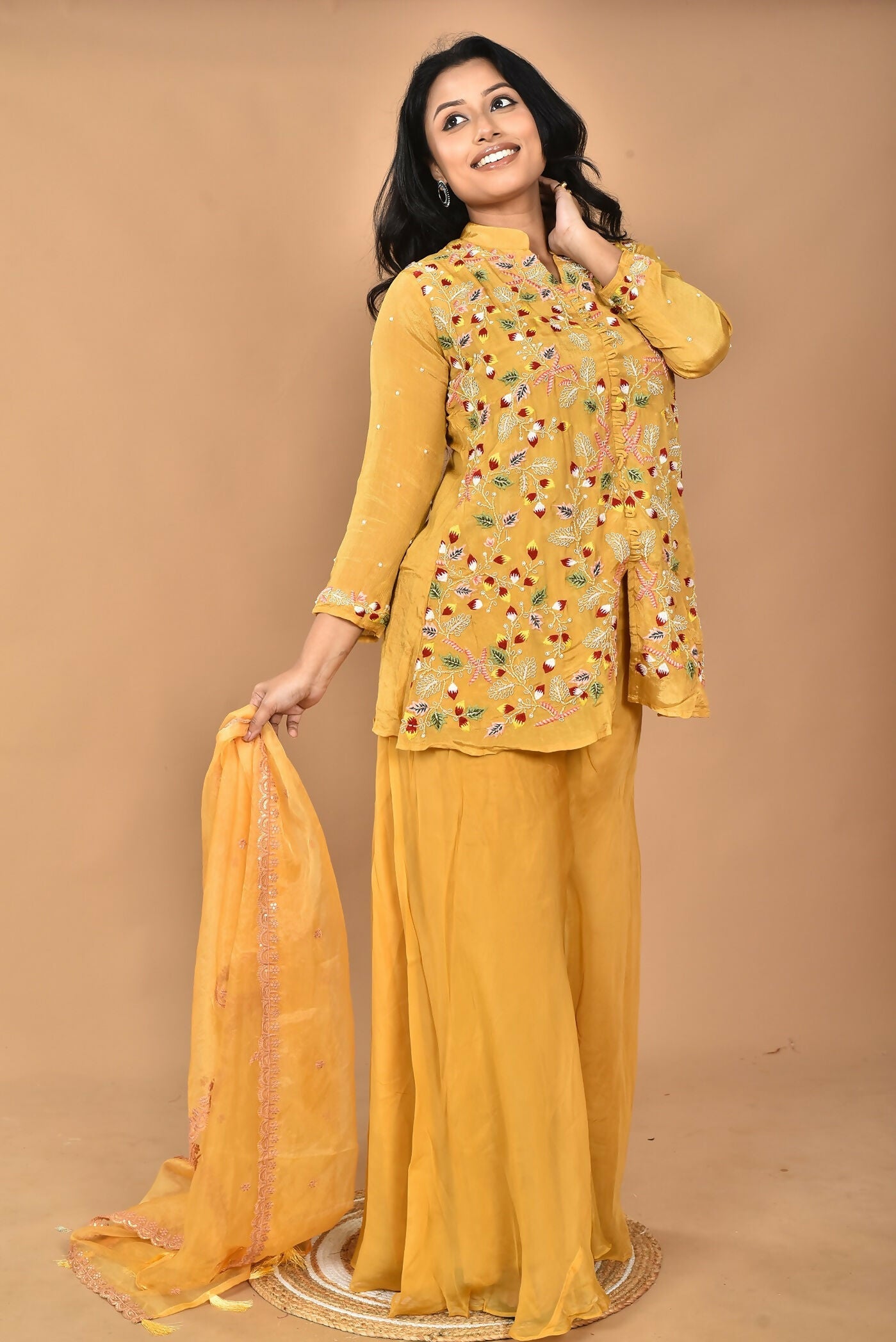 Morchari Women And Hand Embroidery Palazzo Set-Yellow - Swadesiicart