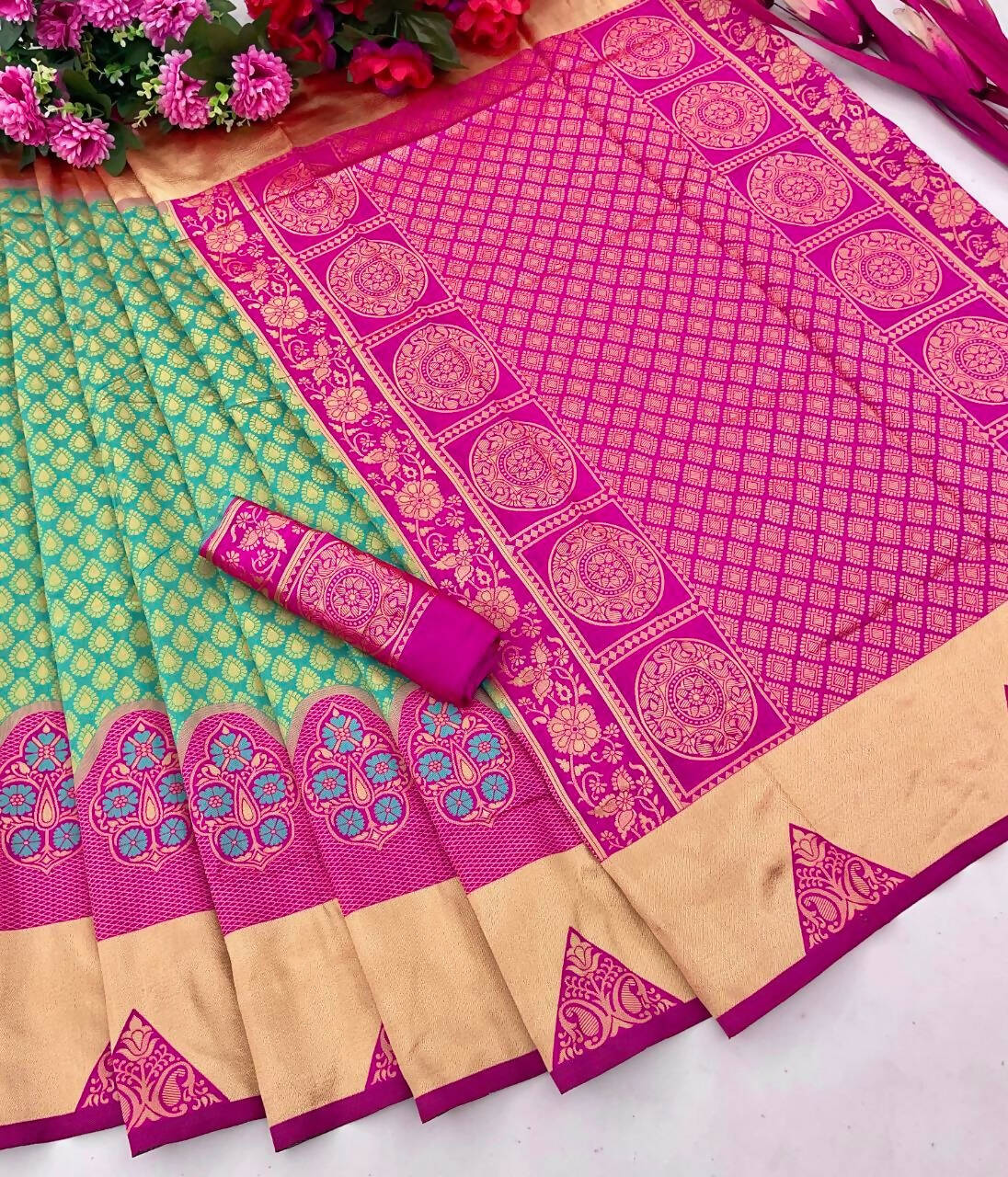 DEIANA'S Beautiful Designer Golden zari Soft Lichi Silk Saree - Bluue - Swadesiicart